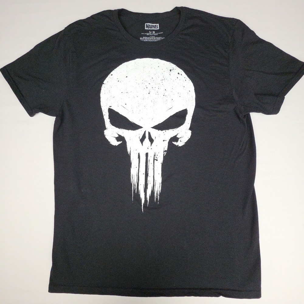 Marvel Punisher Skull Graphic T Shirt Mens L Black Distressed Logo Cotton Tee